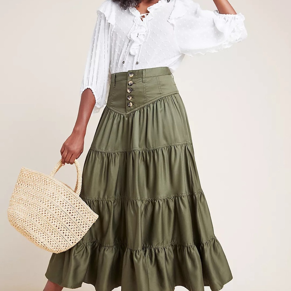 Olive Green Tiered Maxi Skirt